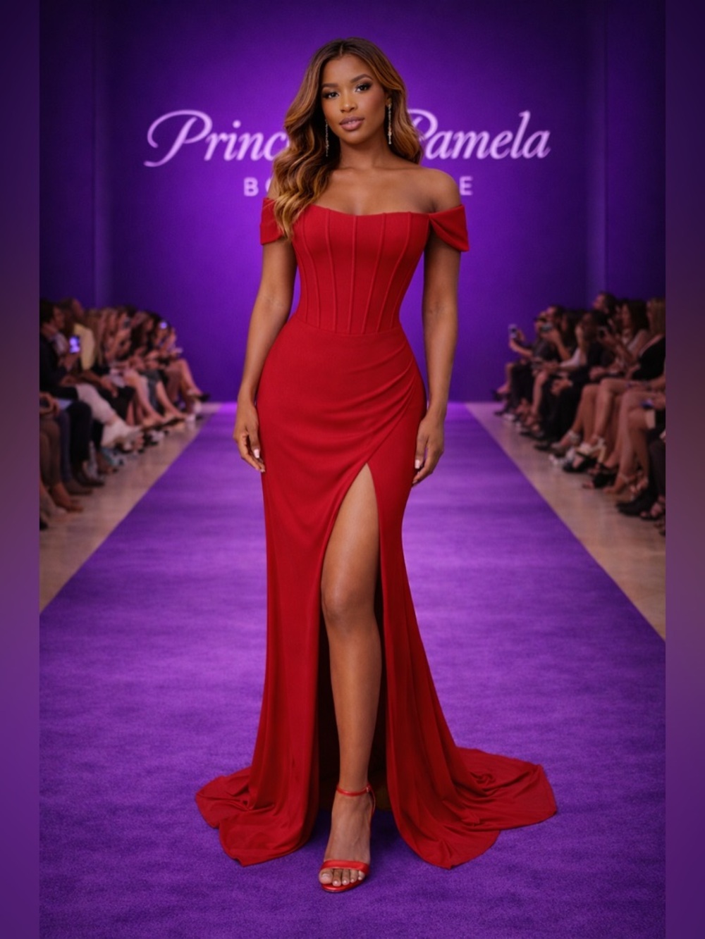 #78 Red Off-Shoulder Slit Evening Gown-4X/24